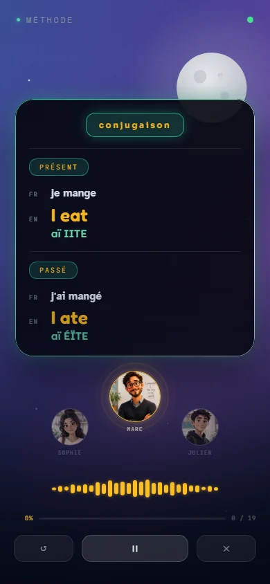 Application Voxalaz pour apprendre l'anglais : cours audio en plein écran, mots au tableau avec le professeur et les deux élèves
